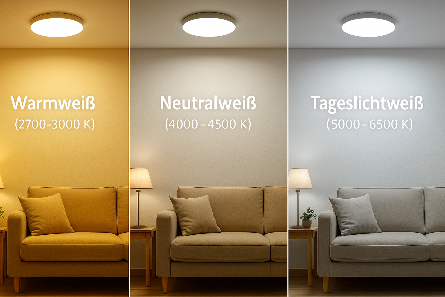 Warmwit vs. neutraalwit vs. daglicht — vergelijking in woonkamer